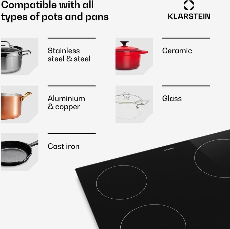 Klarstein Hito keramische kookplaat 60 cm – 4 zones elektrische kookplaat 6000 W touch control glaskeramisch oppervlak kinderslot restwarmte-indicator