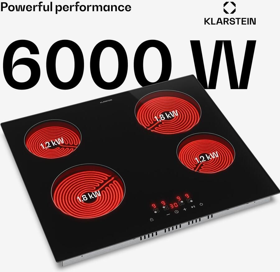 Klarstein Hito keramische kookplaat 60 cm – 4 zones elektrische kookplaat 6000 W touch control glaskeramisch oppervlak kinderslot restwarmte-indicator