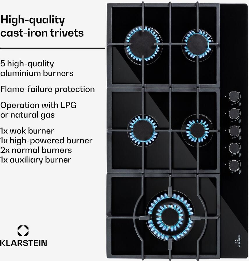 Klarstein Ignito Chef Edition 5 Zones Gaskookplaat 5-Pits Zelfstandig 90 Cm Inbouw Sabaf Branders Aardgas Propaangas Veiligheidsventielen Automatische Uitschakeling Gietijzeren Pannendrager Wok-Hulpstuk Glaskeramiek Zwart - Foto 2