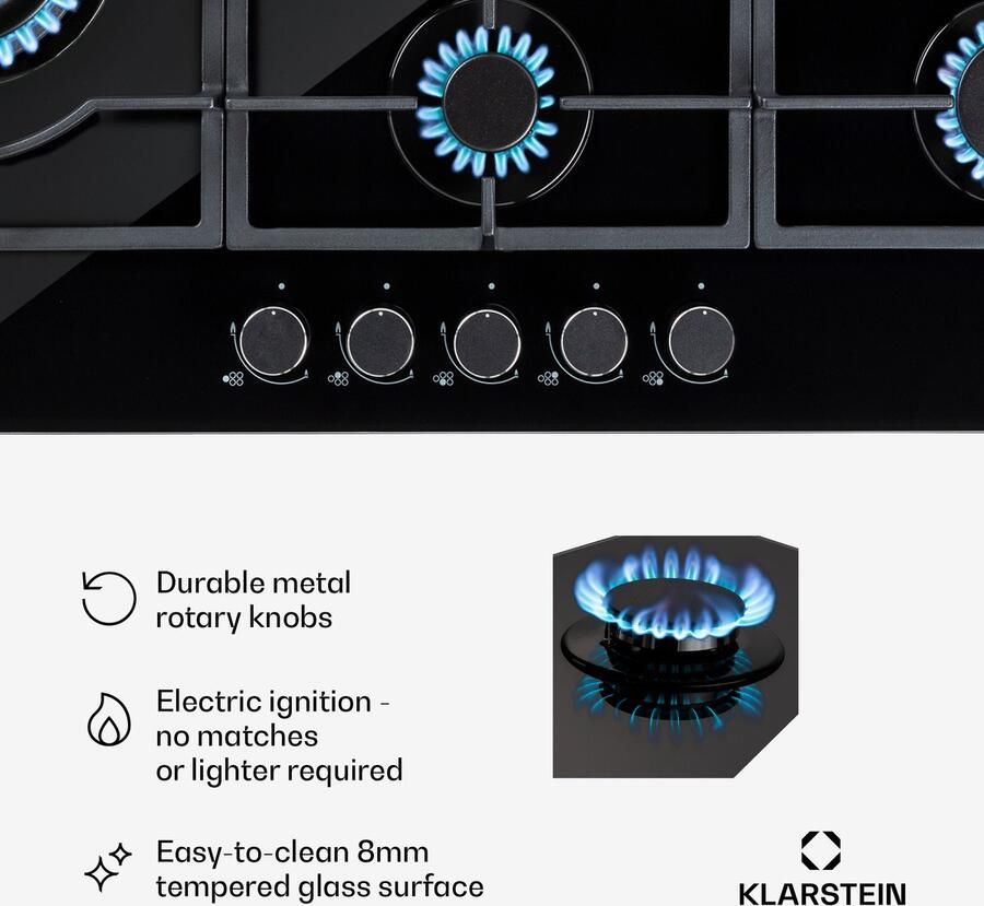 Klarstein Ignito Chef Edition 5 Zones Gaskookplaat 5-Pits Zelfstandig 90 Cm Inbouw Sabaf Branders Aardgas Propaangas Veiligheidsventielen Automatische Uitschakeling Gietijzeren Pannendrager Wok-Hulpstuk Glaskeramiek Zwart - Foto 3