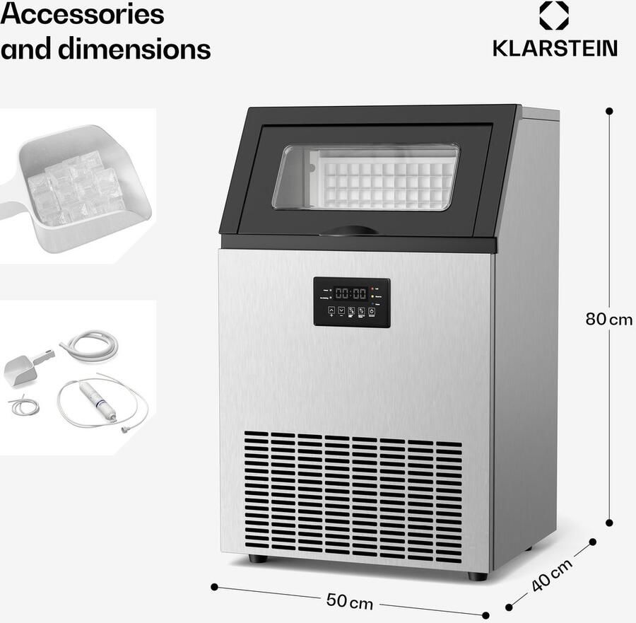 Klarstein ijsblokjesmachine 45 kg 24 uur 370 W compressor 15 kg container multitouch bedieningspaneel zelfreinigend roestvrij staal commercieel gebruik 50 cm voor Bar LED voor Kantoor Timer Ice Maker