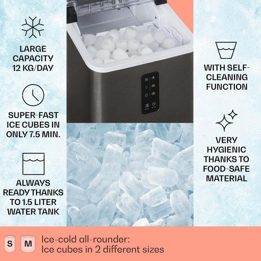 Klarstein Albaron Supreme ijsblokjesmachine ijsblokjesmaker 12 kg 24 uur bullet ijs: 2 formaten ietijd: 9 minuten watertank: 1 5 liter rvs behuizing LC display zelfreinigend bevat geen BPA ijsblokjesmachine Ice Maker