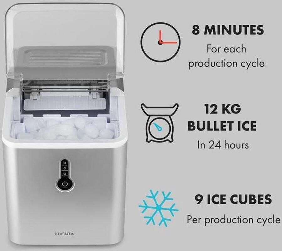 Klarstein IJsblokjesmachine Chillout kogelijs 12kg 24h watertank: 1 5 L zilver IJsmachine 120 cm voor Bar voor Thuis LED IJsschep voor Kantoor Mobiel Ice Maker Ice Cube Maker IJsmaker IJsblokjesmaker Eismaschine