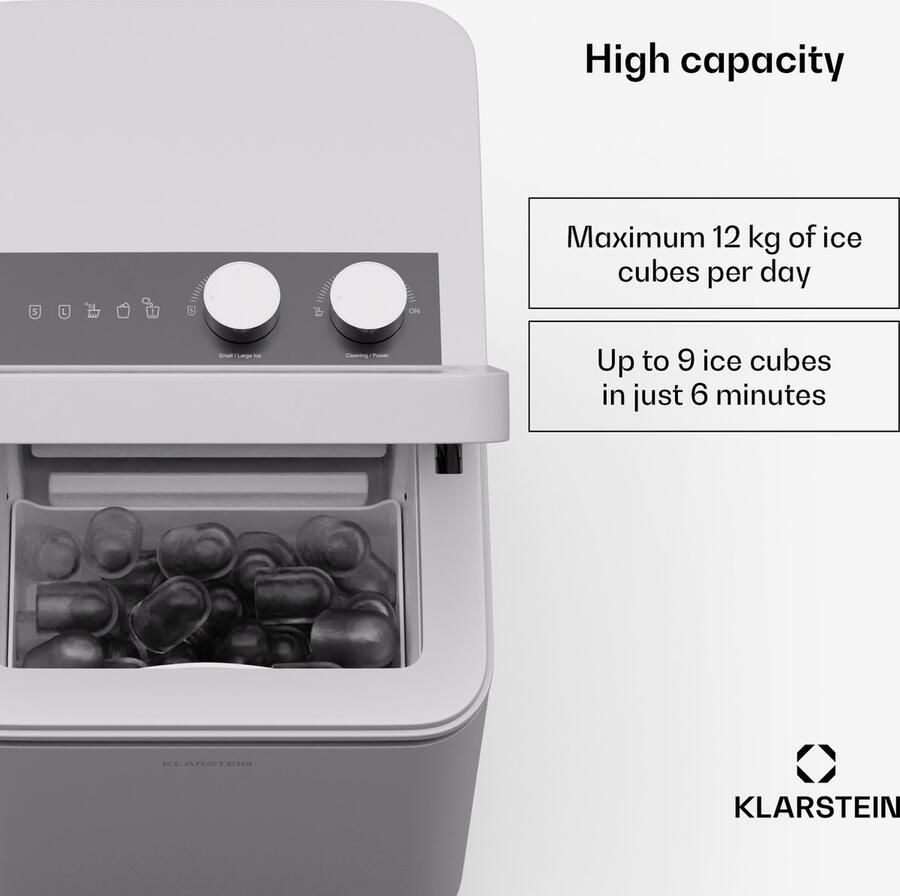 Klarstein IJsblokjesmachine IceCraft – 12 kg 24 uur ijsblokjes in 6 minuten 2 formaten automatische reiniging ijsmachine voor keuken en bar 150 W ijsdispenser wit IJsblokjesmaker voor Bar voor Thuis LED IJsschep