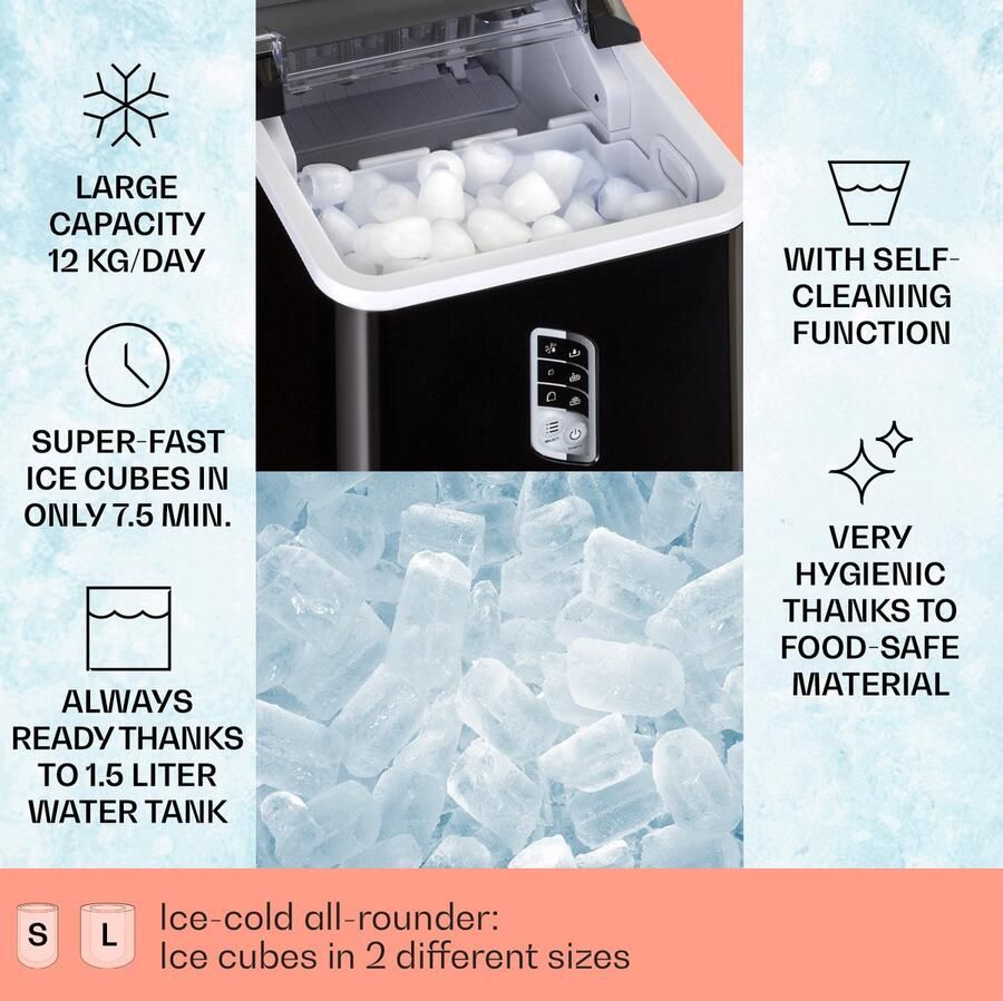 Klarstein IJsblokjesmachine Kleine Snelle IJsblokjesmaker Zelfreinigende IJsblokjesmachine voor Grote en Kleine IJsblokjes met IJsblokjesreservoir 12 kg 24 uur 1 5 liter inhoud Ice Cube Maker voor Bar voor Thuis LED IJsschep