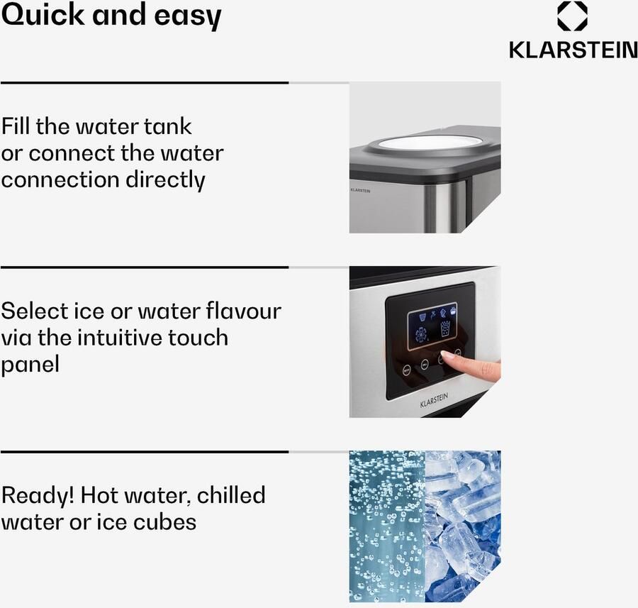 Klarstein ijsblokjesmachine voor thuis kamperen en catering; snelle mini-ijsblokjesmachine; professionele ijsmaker voor grote en kleine heldere ijsblokjes; zelfreinigend met 3L ijsblokjesreservoir; 20 kg 24 uur 5L 43 cm voor Bar voor Feest
