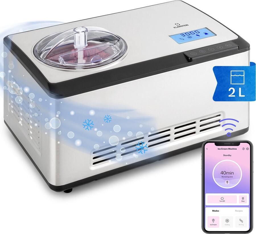 Klarstein Eismaschine Softeismaschine voor Joghurt Softeis & Frozen Yogurt Ice Cream Maker met WiFi App Funktion Eismaschine met Kompressor Selbstkühlend Hausgemachtes Speiseeis & Sorbet 180W – geschikt voor thuisfitness en sportschoolgebruik