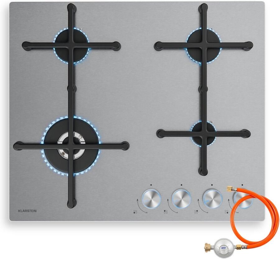 Klarstein Illuminosa 4 Gaskochfeld 4 Sabaf Brenner 4 kW Wokbrenner Elektrische Zündung Für Flüssig & Erdgas Rostfreier Stahl Effizient & Umweltfreenlich Idealer Gasherd – geschikt voor thuisfitness en sportschoolgebruik duurzame constructie e