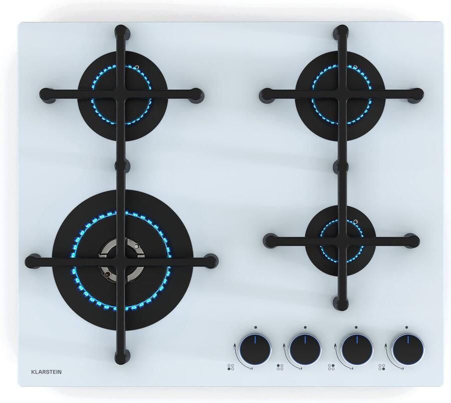 Klarstein Illuminosa 4 Gaskookplaat 4 Sabaf-branders 4 kW wokbrander Gehard glas Elektrische ontsteking Gasfornuis compatibel Verbeterde kookprestatie Wit 59.1x13x51 cm