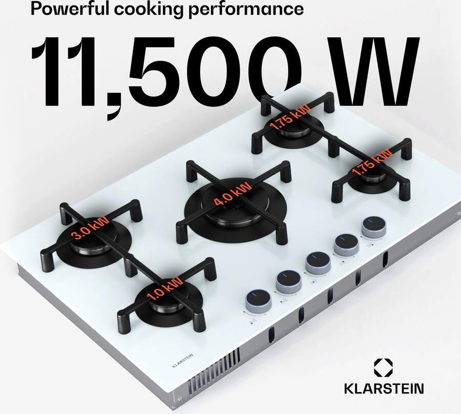 Klarstein Illuminosa 5 Gaskochfeld 5 Sabaf Brenner 4 kW Wokbrenner Gehärtetes Glas Elektrische Zündung Flammenausfallschutz Topfhalter aus Gusseisen 76 cm breit Verbesserte Kochleistung – geschikt voor thuisfitness en sportschoolgebruik duur - Foto 4