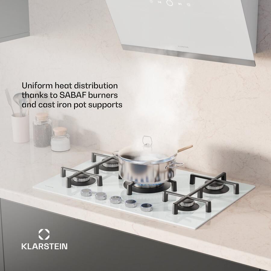 Klarstein Illuminosa 5 Gaskochfeld 5 Sabaf Brenner 4 kW Wokbrenner Gehärtetes Glas Elektrische Zündung Flammenausfallschutz Topfhalter aus Gusseisen 76 cm breit Verbesserte Kochleistung – geschikt voor thuisfitness en sportschoolgebruik duur