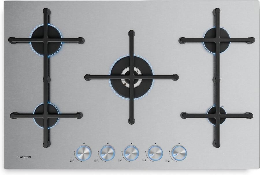 Klarstein Illuminosa 5 Gaskochfeld 5 Sabaf Brenner Edelstahl 4 kW Wokbrenner Elektrische Zündung Flammenausfallschutz Für Flüssig & Erdgas 76x13x50 cm – geschikt voor thuisfitness en sportschoolgebruik duurzame constructie eenvoudig te monter