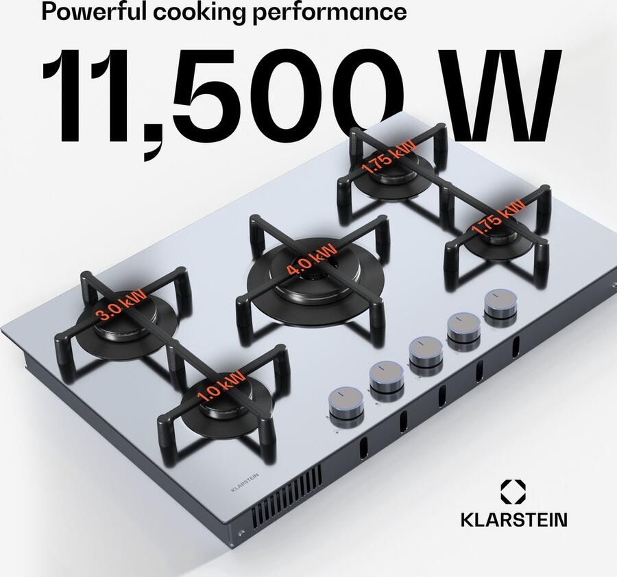 Klarstein Illuminosa 5 Gaskochfeld 5 Sabaf Brenner Edelstahl 4 kW Wokbrenner Elektrische Zündung Flammenausfallschutz Für Flüssig & Erdgas 76x13x50 cm – geschikt voor thuisfitness en sportschoolgebruik duurzame constructie eenvoudig te monter