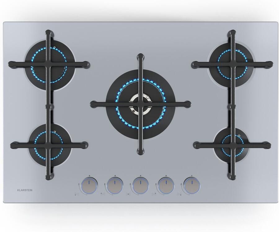 Klarstein Illuminosa 5 Gaskochfeld 5 Sabaf Brenner Edelstahl 4 kW Wokbrenner Elektrische Zündung Flammenausfallschutz Für Flüssig & Erdgas 76x13x50 cm – geschikt voor thuisfitness en sportschoolgebruik duurzame constructie eenvoudig te monter