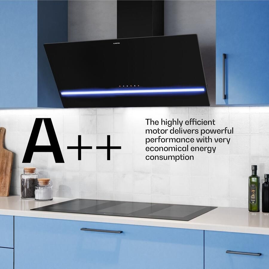 Klarstein Illuminosa schuine afzuigkap 90 cm 818 m³ u luchtstroom A++ energieklasse ledverlichting touchbediening 3+ booststanden stil recirculatie en afzuiging afzuigkap