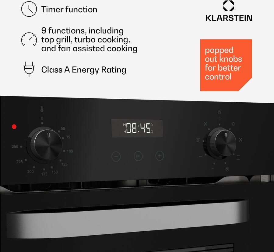 Klarstein Inbouwoven SmartSlim 45 cm 49 liter 8 functies stoomreiniging verwijderbare glazen deur energieklasse A zwart glas digitale timer inbouwoven voor Keuken Inbouw Bakoven Built-in Oven Bakoven Inbouw