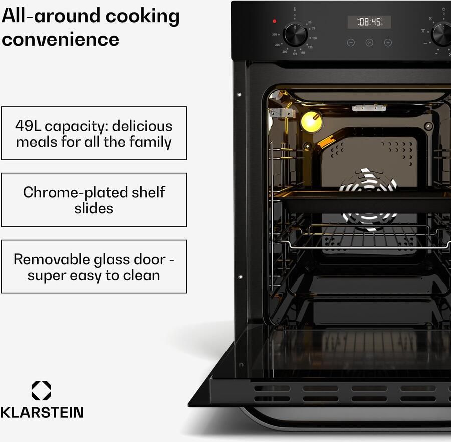 Klarstein Inbouwoven SmartSlim 45 cm 49 liter 9 functies stoomreiniging verwijderbare glazen deur energieklasse A zwart glas digitale timer inbouwoven voor Keuken Inbouw Bakoven Built-in Oven Bakoven Inbouw