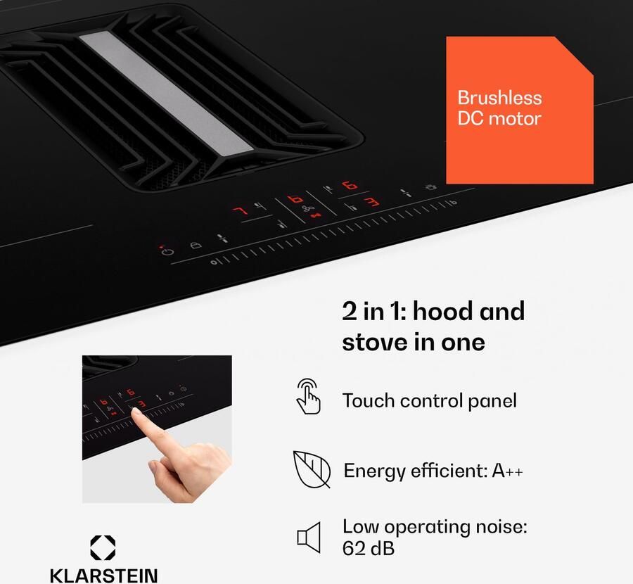 Klarstein Inductiekookplaat 2-in-1 kookplaat met afzuigkap geïntegreerd voor kookeiland 4e kookplaat met geïntegreerde afzuigkap 754 m³ h luchtstroom touch display energie-efficiëntie A++ Kookveld 7200W 4 Zones Inbouw voor Keuken