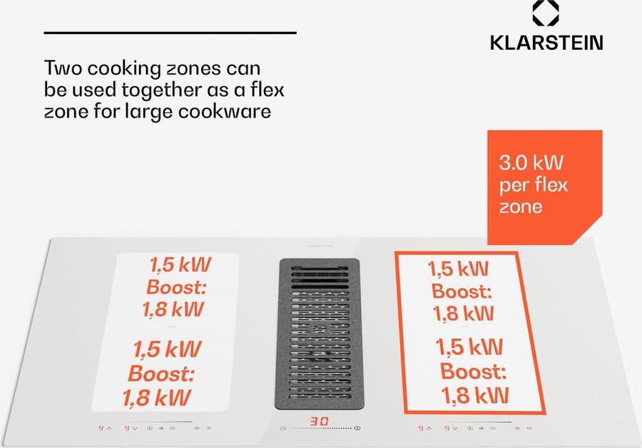 Klarstein Inductiekookplaat 2-in-1 kookplaat met ingebouwde afzuigkap voor kookeiland kookplaat met geïntegreerde afzuigkap van 90 cm 444 m³ h luchtstroom touch control energieklasse A+ Kookveld 7000W 52 cm Inbouw voor Keuken