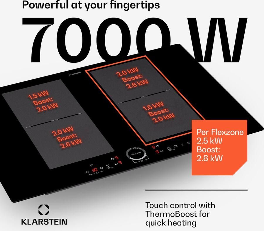 Klarstein inductiekookplaat 4 velden inbouw inductiekookplaat met 4 kookvelden 7000 watt inductie kookplaat inductie kookplaat met touch bediening & timer efficiënt elektrisch inductiefornuis 52 cm voor Keuken Flexzone Kinderslot