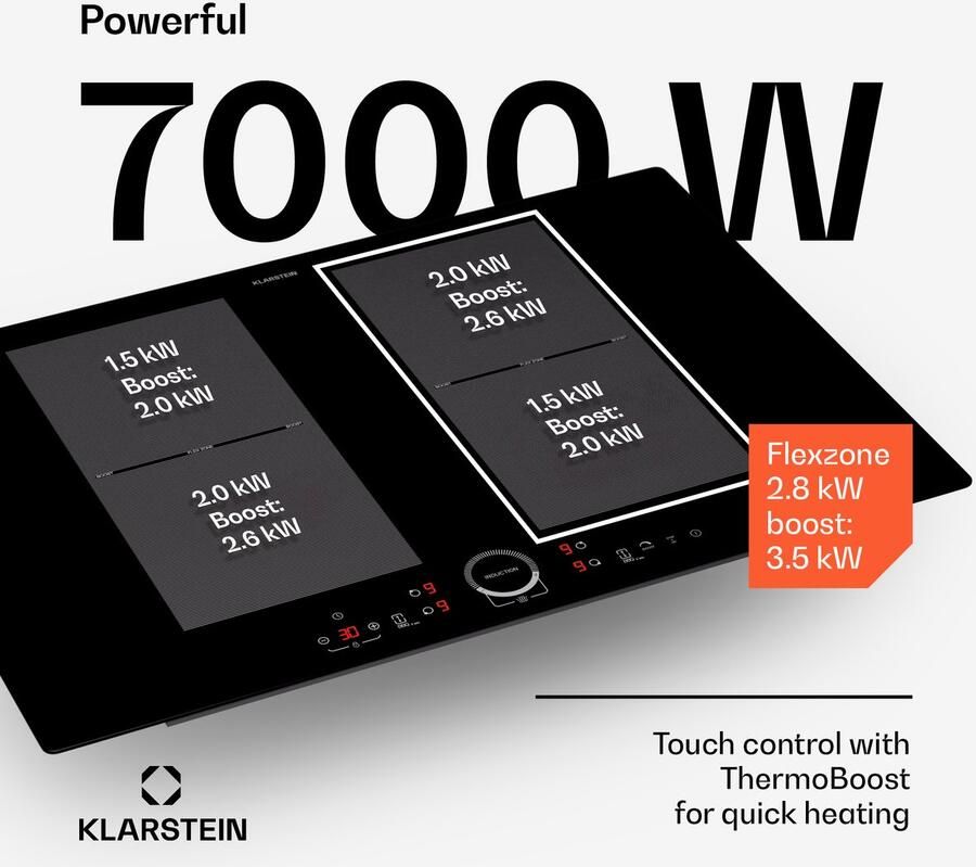 Klarstein inductiekookplaat 4 velden inbouw inductiekookplaat met 4 kookvelden 7000 watt inductie kookplaat inductie kookplaat met touch bediening & timer efficiënt elektrisch inductiefornuis 52 cm voor Keuken Flexzone Kinderslot - Foto 8