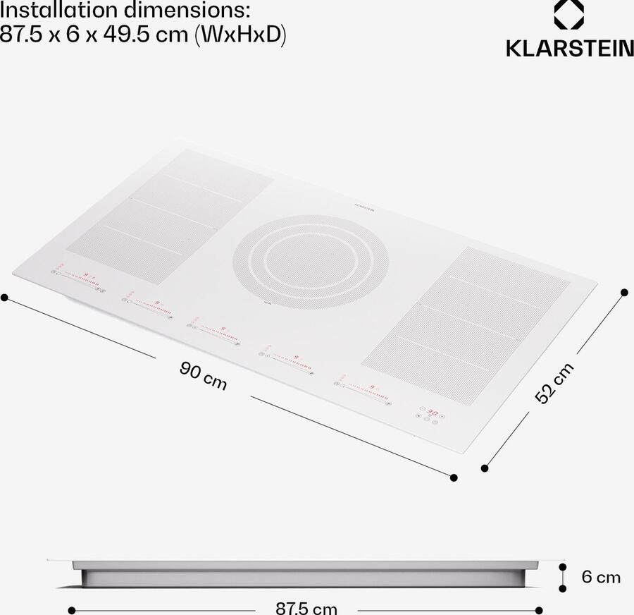 Klarstein Inductiekookplaat 5 platen 90cm glaskeramische inductiekookplaat met 4 kookzones 9600W inductiekookplaat Fornuis met touch-control & oververhittingsbeveiliging