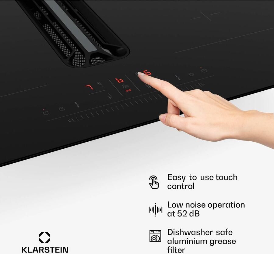 Klarstein AirJet Basic Induktionskochfeld Mit Dunstabzug 10 kW Leistung 600 m³ h Boost A+ Effizienz 52 dB Leise Touch Bedienfeld 9 Stufen Aluminiumfilter Schwarz – geschikt voor thuisfitness en sportschoolgebruik duurzame constructie eenvoud