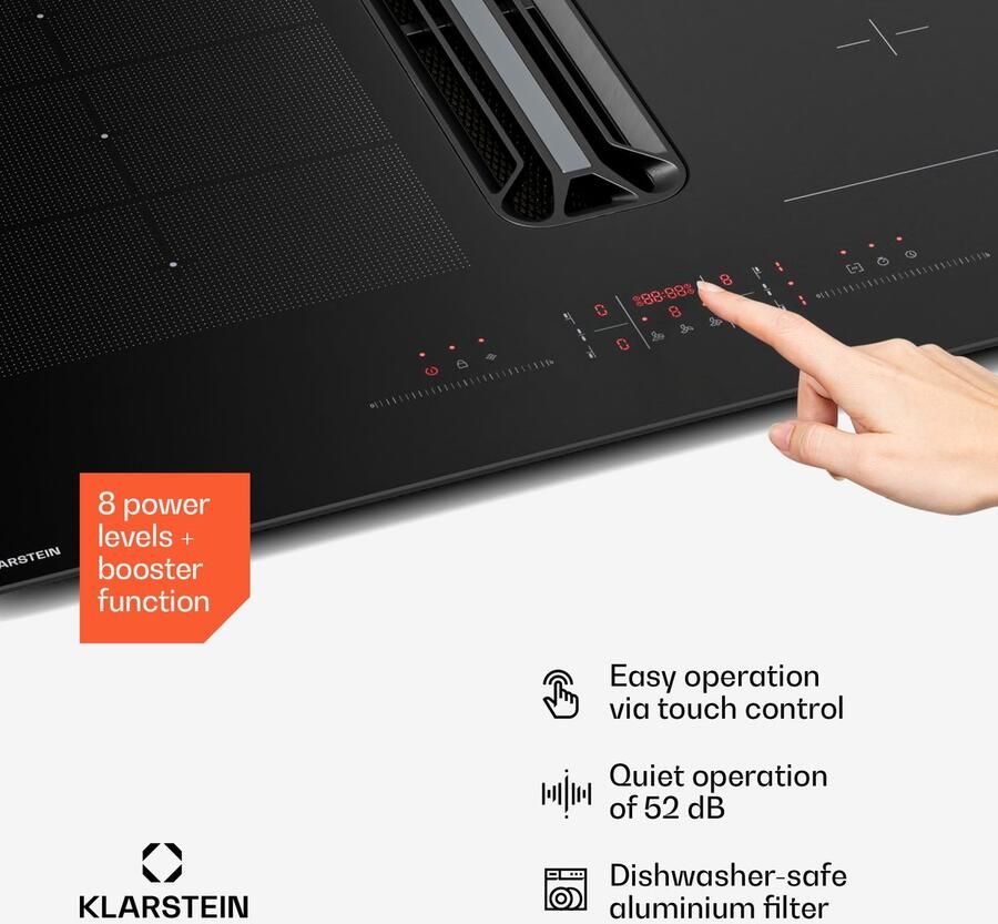 Klarstein AirJet Induktionskochfeld Mit Dunstabzug 12 kW Boost 600 m³ h A+ Effizienz 9 Stufen Leise 52 dB Touch Bedienfeld Bridge Connect Aluminiumfilter Schwarz – geschikt voor thuisfitness en sportschoolgebruik duurzame constructie eenvou