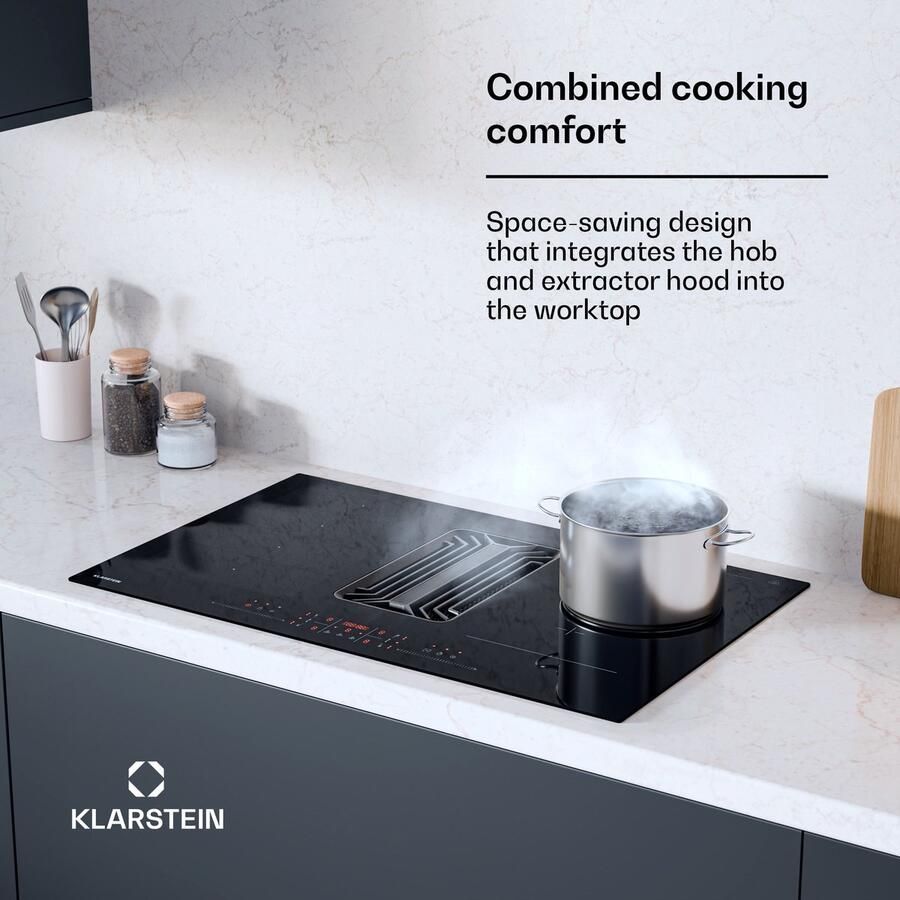 Klarstein AirJet Induktionskochfeld Mit Dunstabzug 12 kW Boost 750 m³ h A++ Effizienz 9 Stufen Leise 58 dB Touch Bedienfeld Bridge Connect Aktivkohlefilter Schwarz – geschikt voor thuisfitness en sportschoolgebruik duurzame constructie eenv