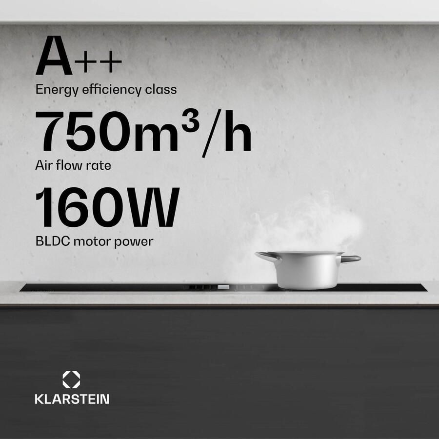 Klarstein AirJet Induktionskochfeld Mit Dunstabzug 12 kW Boost 750 m³ h A++ Effizienz 9 Stufen Touch Bedienfeld Leise 58 dB Bridge Connect Aluminium & Aktivkohlefilter Schwarz – geschikt voor thuisfitness en sportschoolgebruik duurzame const