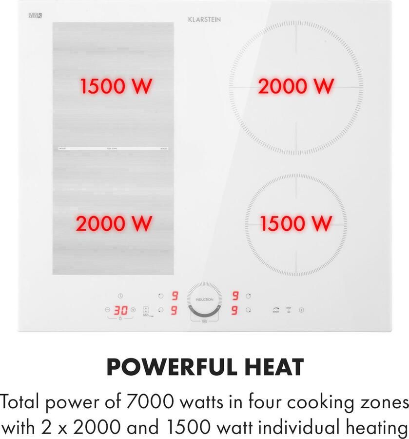 Klarstein Delicatessa 60 Hybrid Induktionskochfeld met 4 Platten Einbau Induktionskochfeld met Touch Display Digitalanzeige en Timer Funktion Schnelles Aufheizen 7000 Watt – geschikt voor thuisfitness en sportschoolgebruik duu - Foto 4