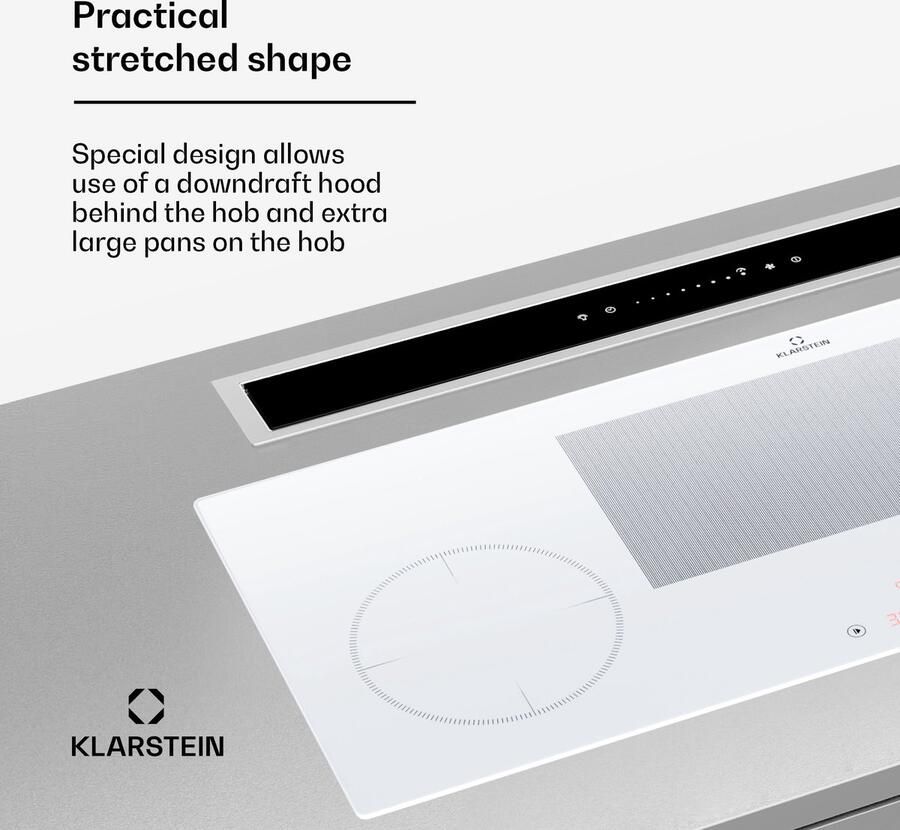 Klarstein Inductiekookplaat Delicatessa 90 Slim Hybrid 4-Zones 7000 W Thermo Boost Wit Kookveld 90 cm Touch Timer Flexzone Kinderslot Zwart glas Induction Hob Inductie Kookveld