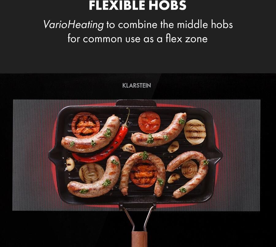 Klarstein Delicatessa 90 Slim Inductie Kookplaat Inbouw 4 Kookzones Touch Bedieningspaneel 9 Standen 7000W Gemakkelijke Bediening Overhittingsbescherming Kinderbeveiliging Flexibele Kookplaten Kookvelden Van 18cm Zwart - Foto 3