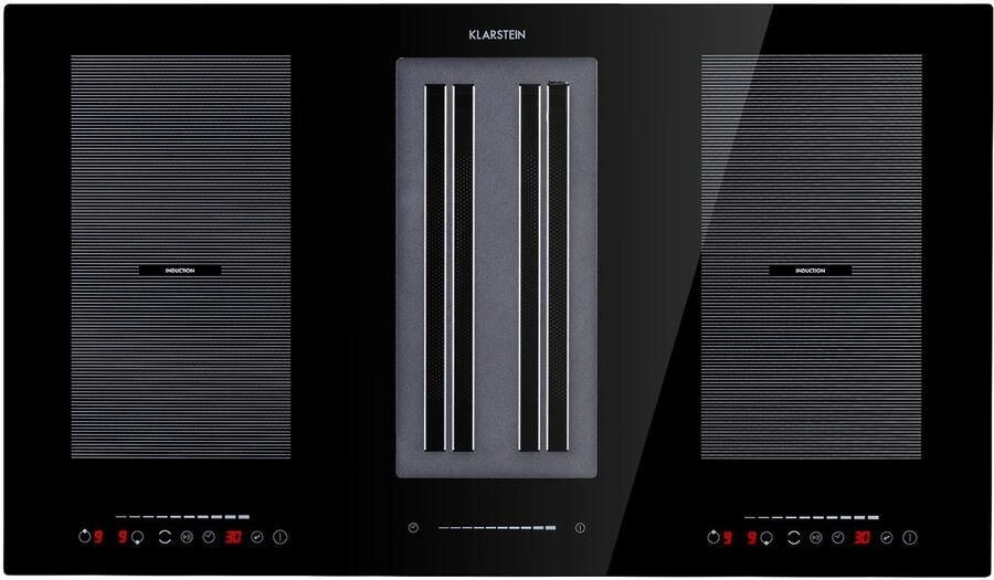 Klarstein Inductiekookplaat Full House 2.0 Down Air systeem + Afzuigkap 271 m³ h Roestvrijstaal & glas Zwart 7000W 52 cm Inbouw voor Keuken Touch Timer Flexzone Kinderslot 9 Standen Aluminium Vetfilter Induction Hob