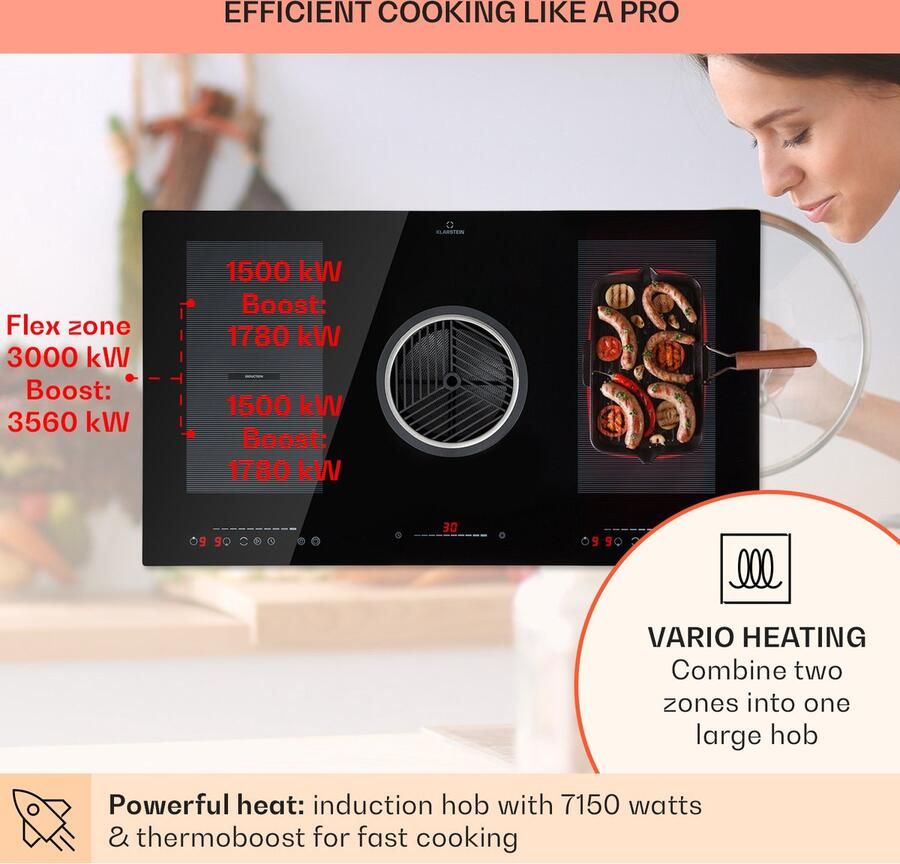 Klarstein Inductiekookplaat Full House 3.0 Downair Met Afzuigsysteem Downair Kap Afzuigkap Inbouw Zelfvoorzienend 90 cm 4 Zones 2 Flexzones 7000 W 655 M³ H Afvoervermogen EEC: A Touch Bediening Control -Zwart