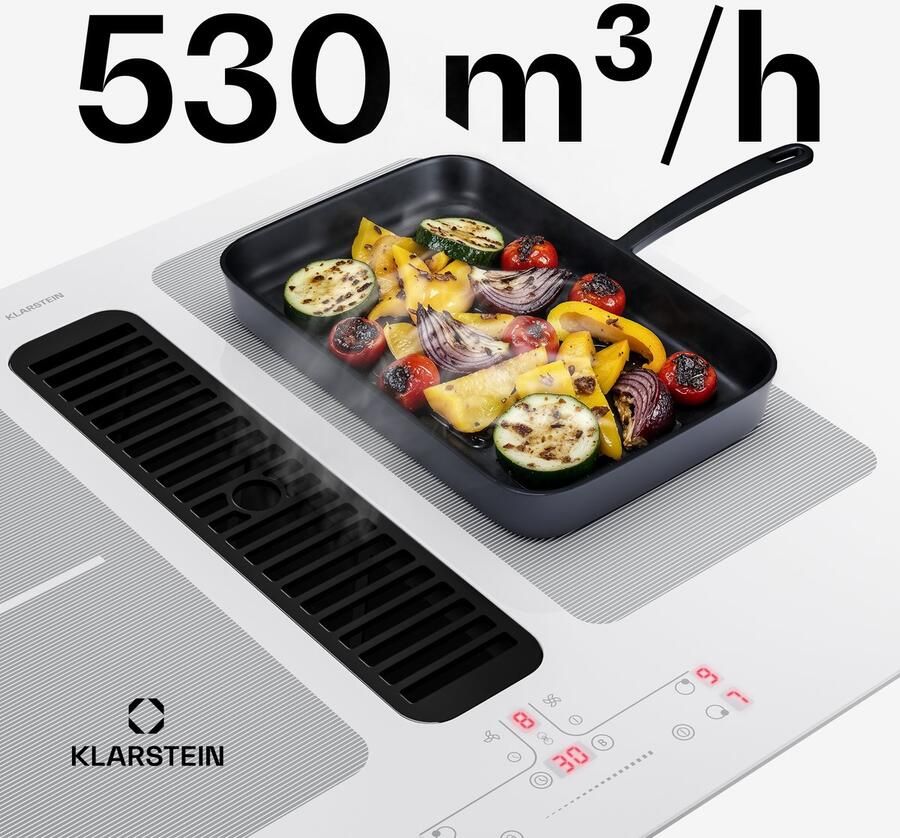 Klarstein Inductiekookplaat Full House met afzuiging 60 cm 4 zones flexzones 6000 W boost geïntegreerde downdraft afzuiging 530.1m³ h touch control timer kinderslot glaskeramiek wit Induction Hob Inductie Kookveld