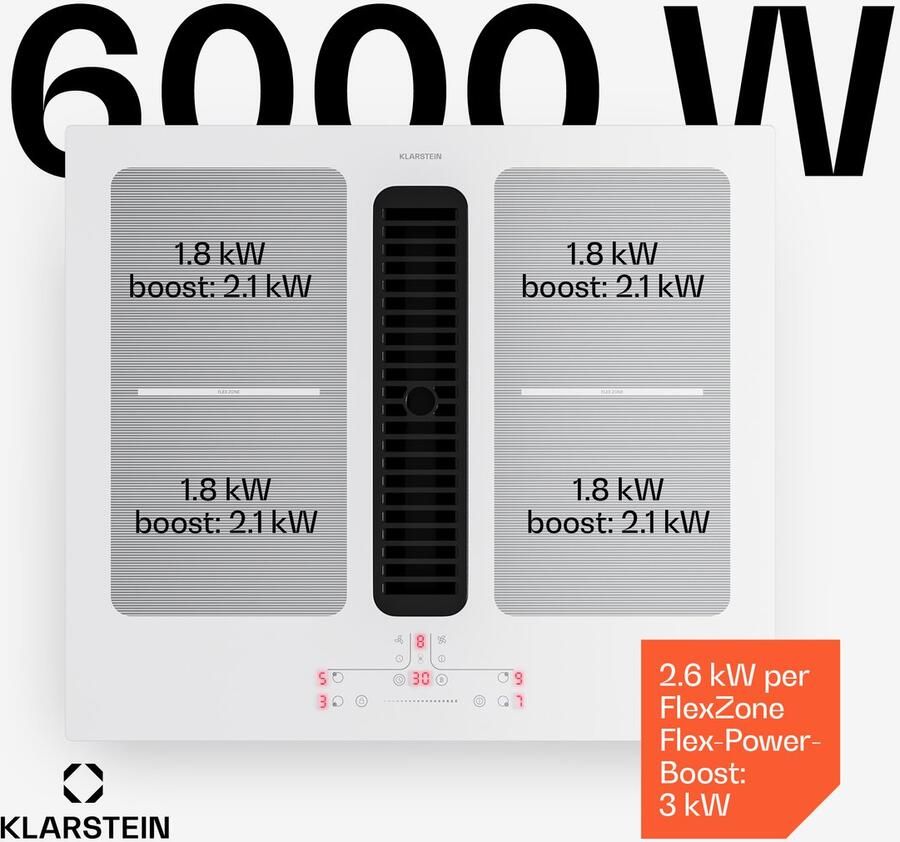 Klarstein Inductiekookplaat Full House met afzuiging 60 cm 4 zones flexzones 6000 W boost geïntegreerde downdraft afzuiging 530.1m³ h touch control timer kinderslot glaskeramiek wit Induction Hob Inductie Kookveld