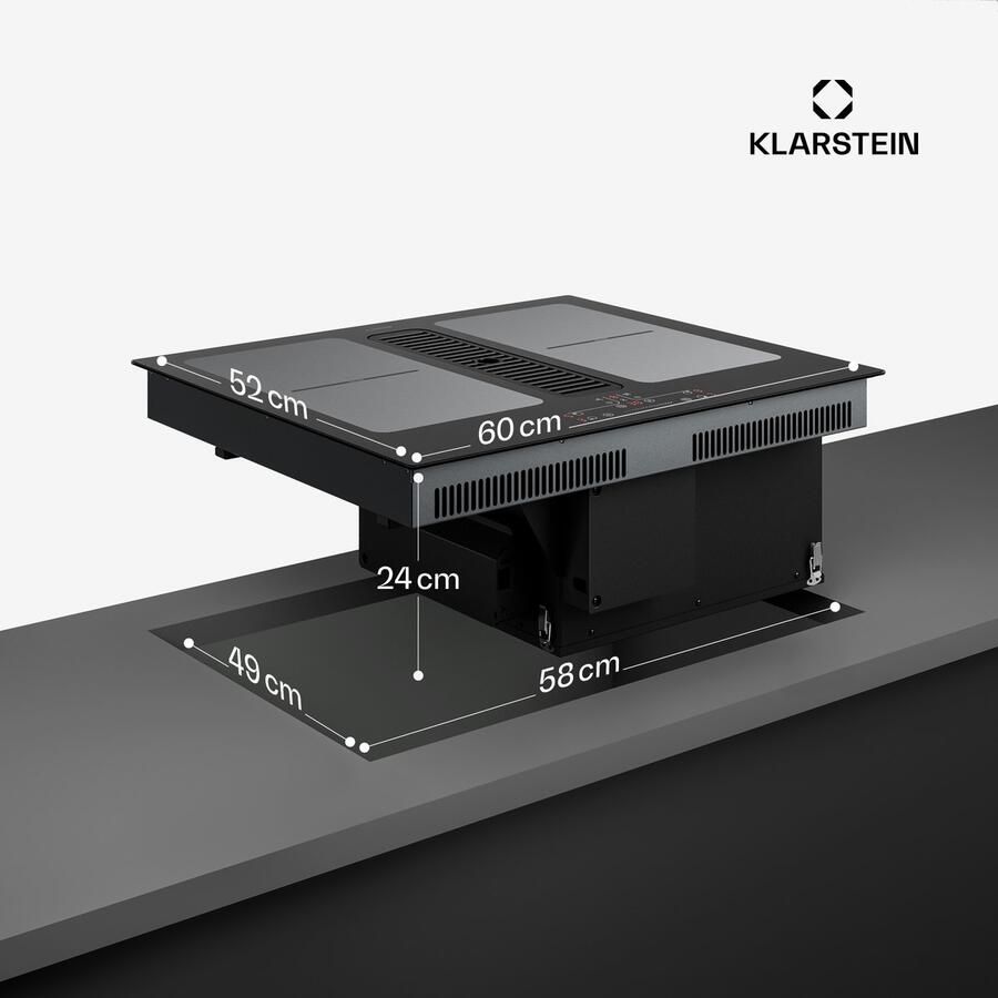 Klarstein Inductiekookplaat Full House met afzuiging 60 cm 4 zones flexzones 7335 W boost geïntegreerde downdraft afzuiging 530.1m³ h touch control timer kinderslot glaskeramiek zwart Induction Hob Inductie Kookveld