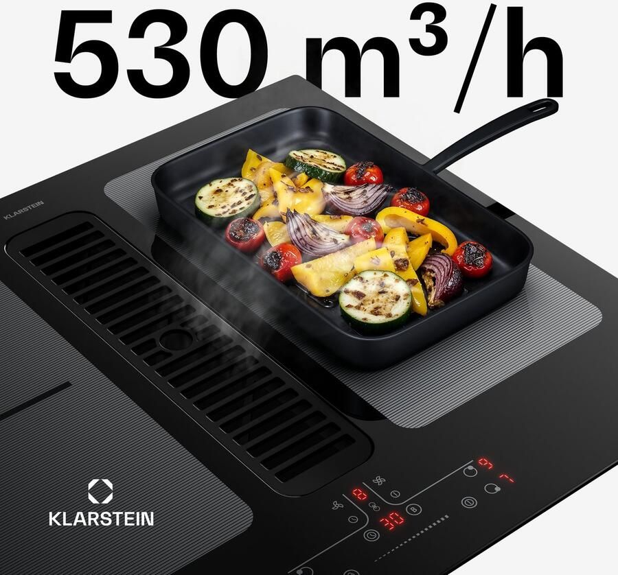 Klarstein Inductiekookplaat Full House met afzuiging 60 cm 4 zones flexzones 7335 W boost geïntegreerde downdraft afzuiging 530.1m³ h touch control timer kinderslot glaskeramiek zwart Induction Hob Inductie Kookveld