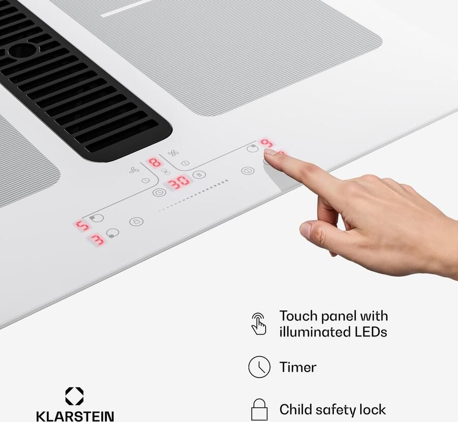 Klarstein Inductiekookplaat Full House met afzuiging 60 cm 4 zones flexzones 7335 W boost geïntegreerde downdraft afzuiging 530m³ h touch control timer kinderslot glaskeramiek wit Induction Hob Inductie Kookveld - Foto 4