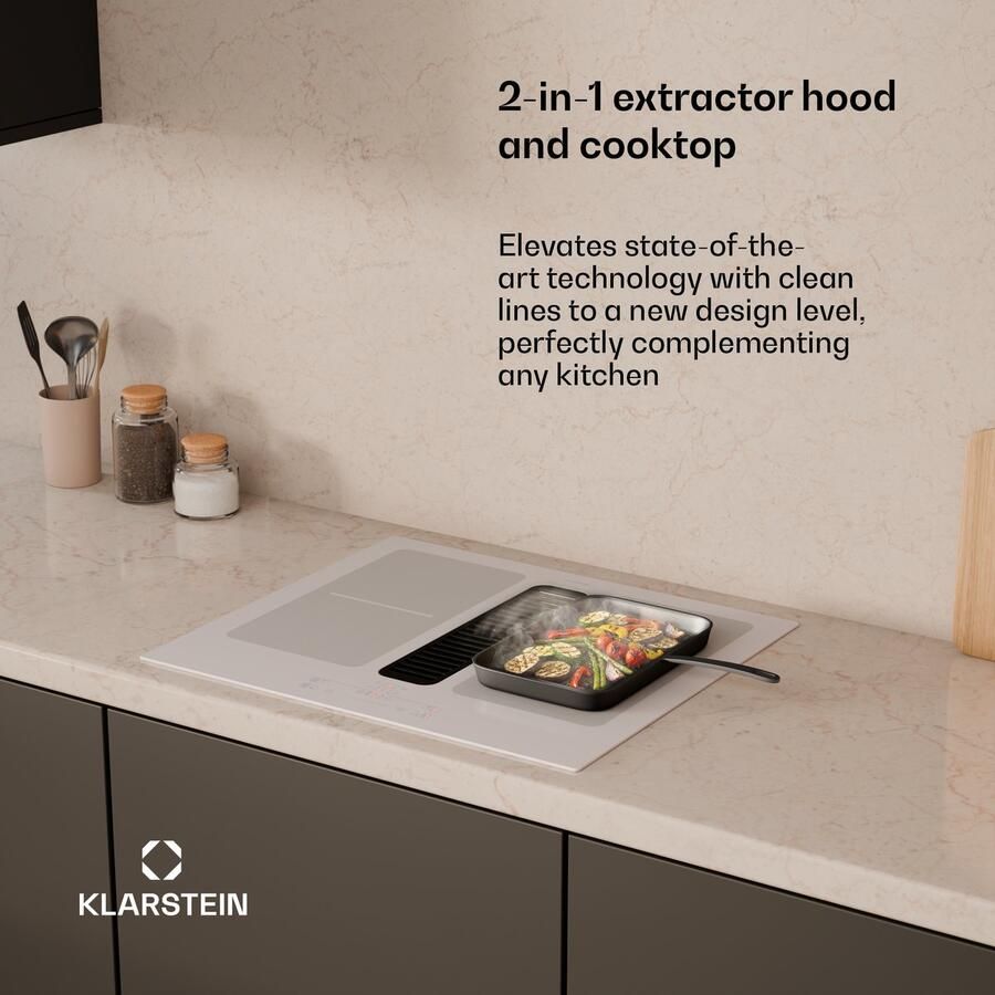 Klarstein Inductiekookplaat Full House met afzuiging 60 cm 4 zones flexzones 7335 W boost geïntegreerde downdraft afzuiging 530m³ h touch control timer kinderslot glaskeramiek wit Induction Hob Inductie Kookveld - Foto 2