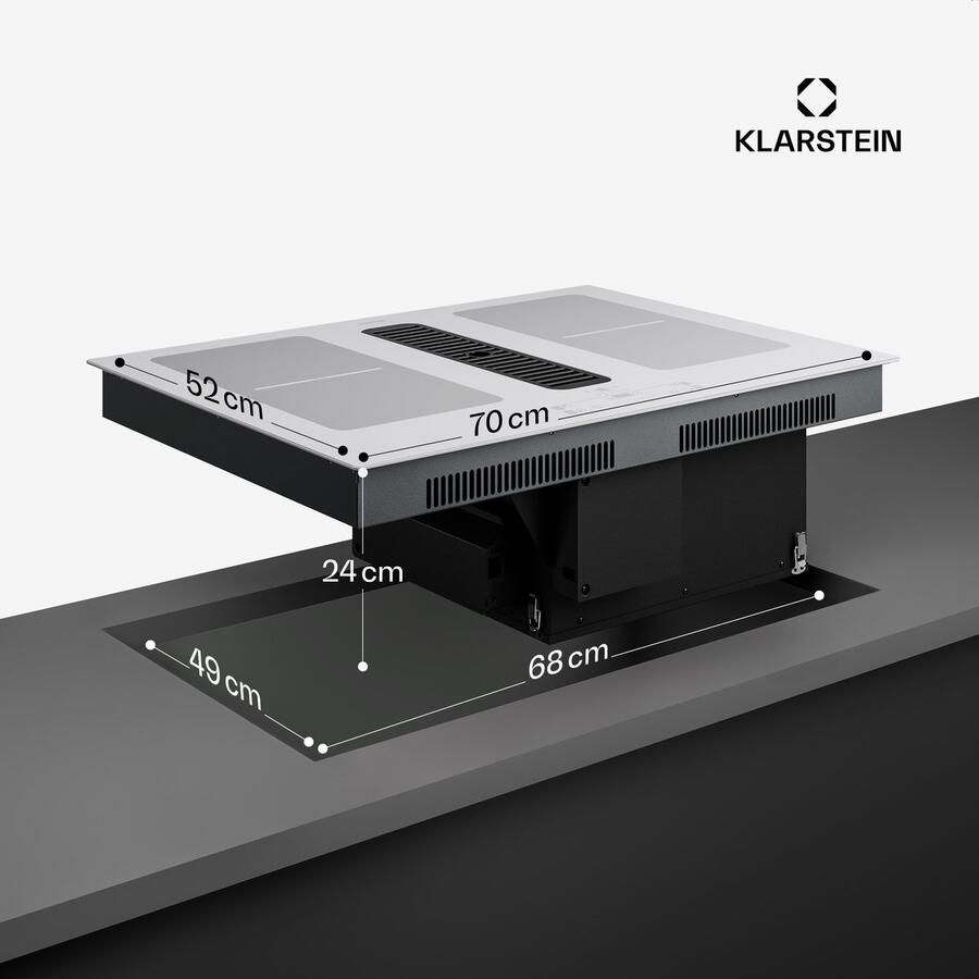 Klarstein Inductiekookplaat Full House met afzuiging 70 cm 4 zones flexzones 6000 W boost geïntegreerde downdraft afzuiging 530.1m³ h touch control timer kinderslot glaskeramiek inbouw wit Induction Hob Inductie Kookveld