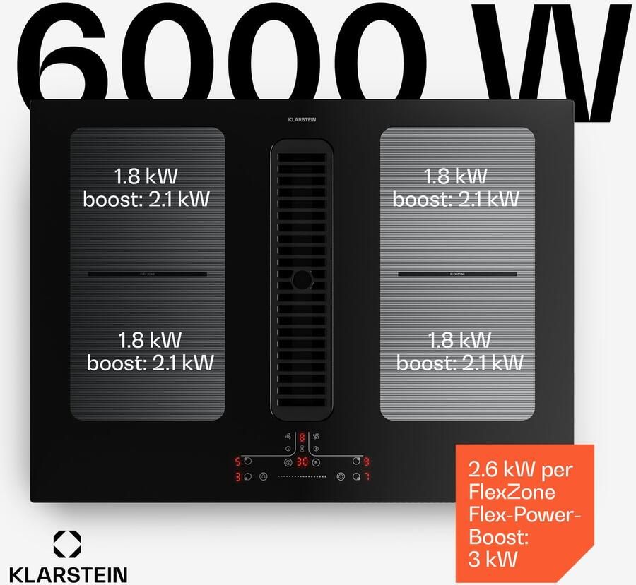 Klarstein Inductiekookplaat Full House met afzuiging 70 cm 4 zones flexzones 7335 W boost geïntegreerde downdraft afzuiging 530.1m³ h touch control timer kinderslot glaskeramiek inbouw zwart Induction Hob