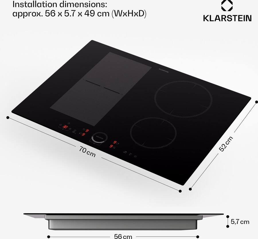 Klarstein inductiekookplaat glaskeramische kookplaat 7000 W inductiekookplaat met 4 velden ingebouwde inductiekookplaat met touch display en timer moderne kookvelden met oververhittingsbeveiliging Inbouw Kookplaat 52 cm Inbouw voor Keuken - Foto 5