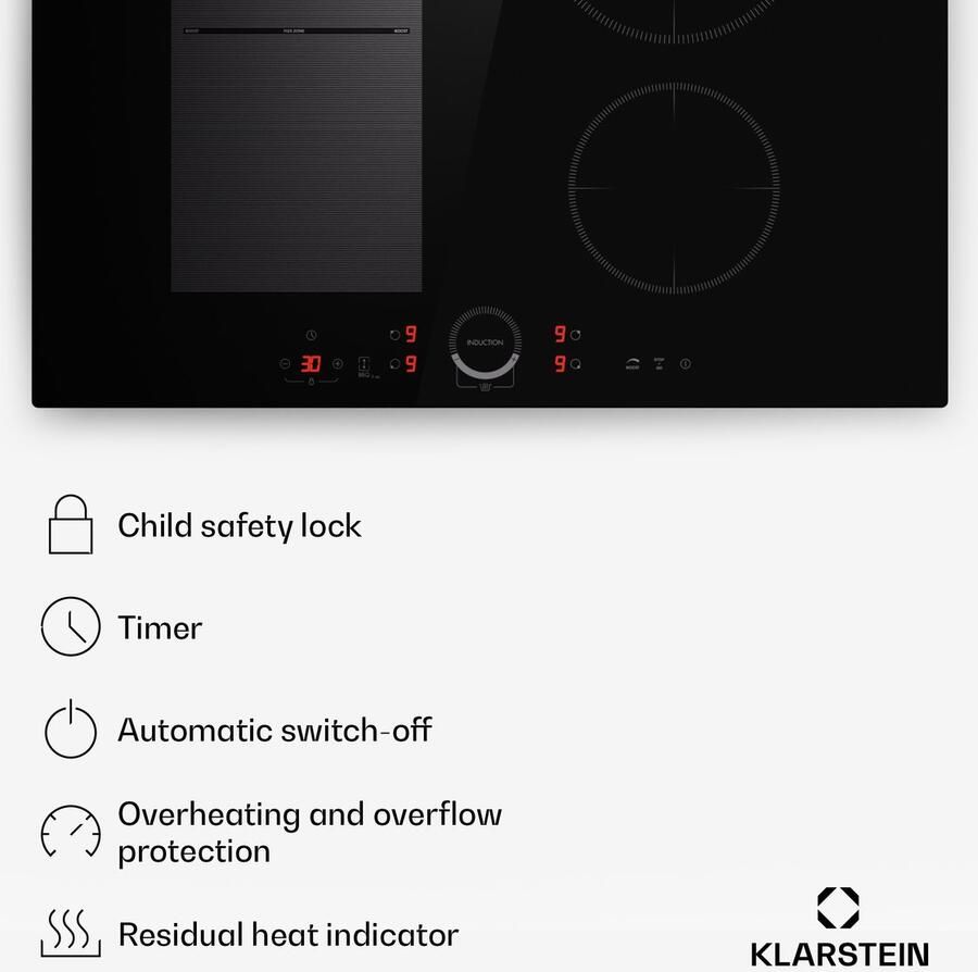 Klarstein inductiekookplaat glaskeramische kookplaat 7000 W inductiekookplaat met 4 velden ingebouwde inductiekookplaat met touch display en timer moderne kookvelden met oververhittingsbeveiliging Inbouw Kookplaat 52 cm Inbouw voor Keuken - Foto 4