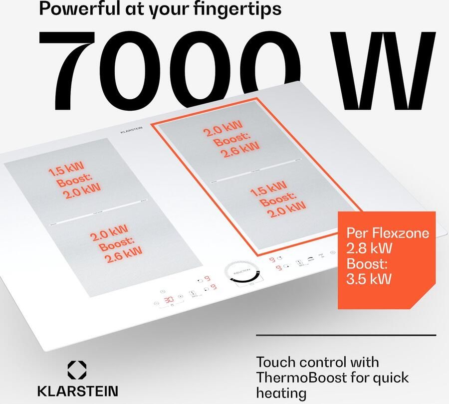 Klarstein Inductiekookplaat inductie kookplaat glaskeramische kookplaat 7000 W inductie kookplaat met 4 velden ingebouwde inductie kookplaat met touch display en timer moderne kookvelden met oververhittingsbeveiliging Inbouw Kookplaat 52 cm