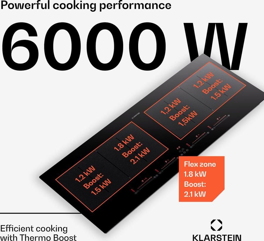Klarstein Inductiekookplaat Masterzone 90 Slim Flex inbouw 4 Kookzones 2 Flexzones ThermoBoost Smart Flex technology Max. 7200 Watt Zwart 76 cm 2 Zones voor Keuken Touch Booster Kinderslot Pauzefunctie Induction Hob - Foto 2
