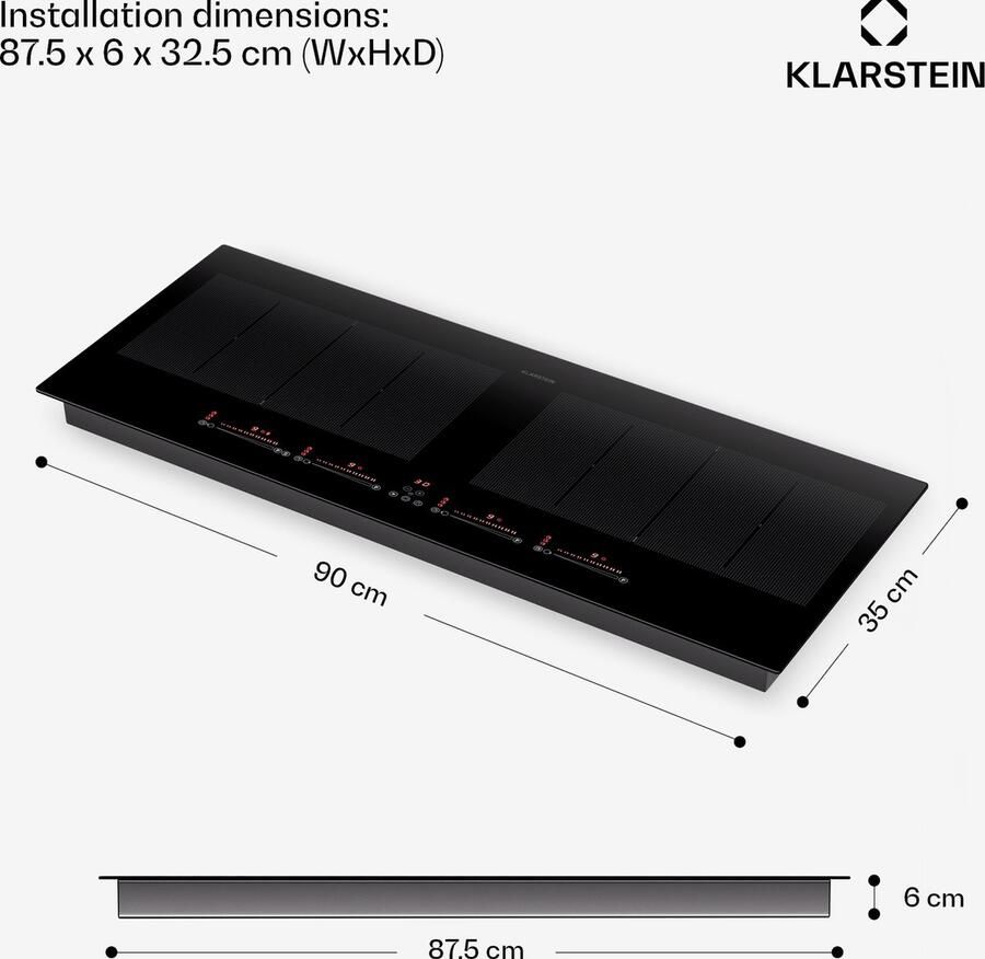 Klarstein Inductiekookplaat Masterzone 90 Slim Flex inbouw 4 Kookzones 2 Flexzones ThermoBoost Smart Flex technology Max. 7200 Watt Zwart 76 cm 2 Zones voor Keuken Touch Booster Kinderslot Pauzefunctie Induction Hob