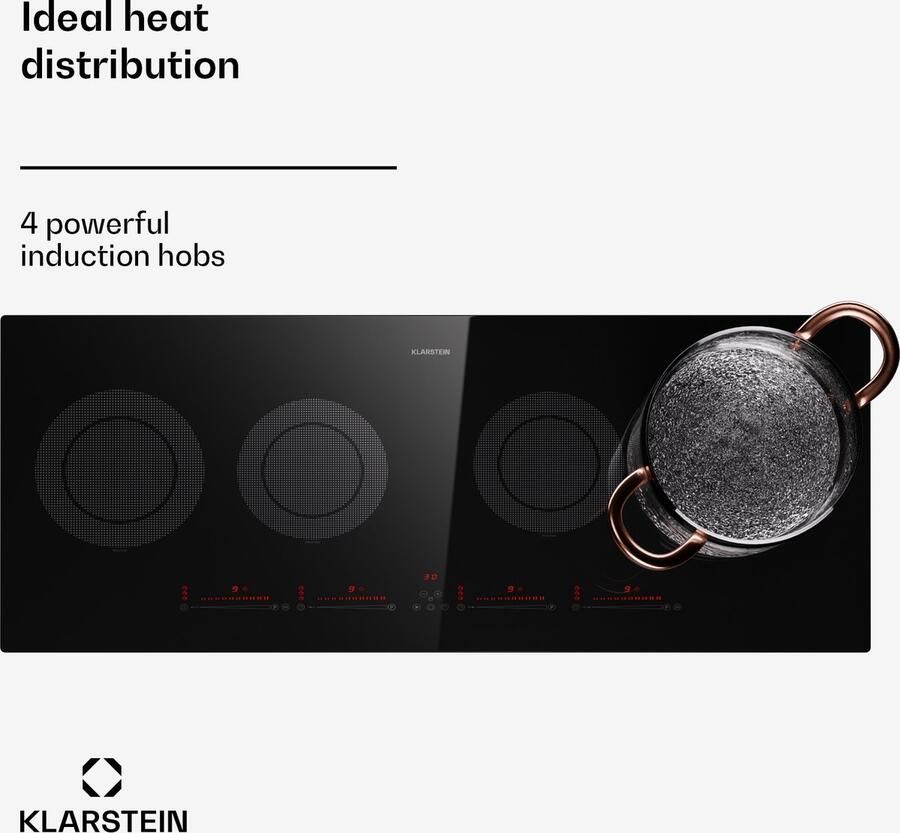 Klarstein Inductiekookplaat Masterzone Slim Round inbouw 4 Kookzones ThermoBoost Smart Flex technology Max. 7200 Watt Zwart 76 cm voor Keuken Touch Flexzone Kinderslot Pauzefunctie Aluminium glas Induction Hob