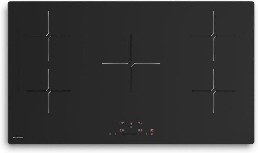 Klarstein Inductiekookplaat PowerGlide 5-zone inbouw inductiekookplaat 9800 W boost touchslider timer kinderslot krasvast mat glas 90 cm restwarmte-indicator zwart Kookveld Induction Hob Inductie Kookveld
